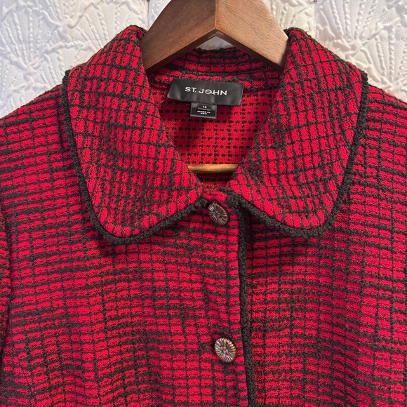 St. John Black Label Red Black Tweed Knit Button Down Blazer Jacket Size 12 USA - Picture 10 of 14